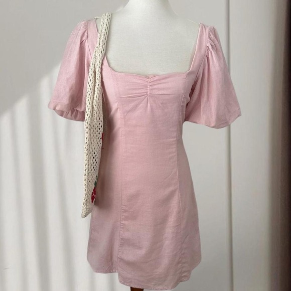 H&M Dresses & Skirts - NWT H&M Pink Linen Blend Puff Sleeve Lace Up Back Mini Dress Cottagecore